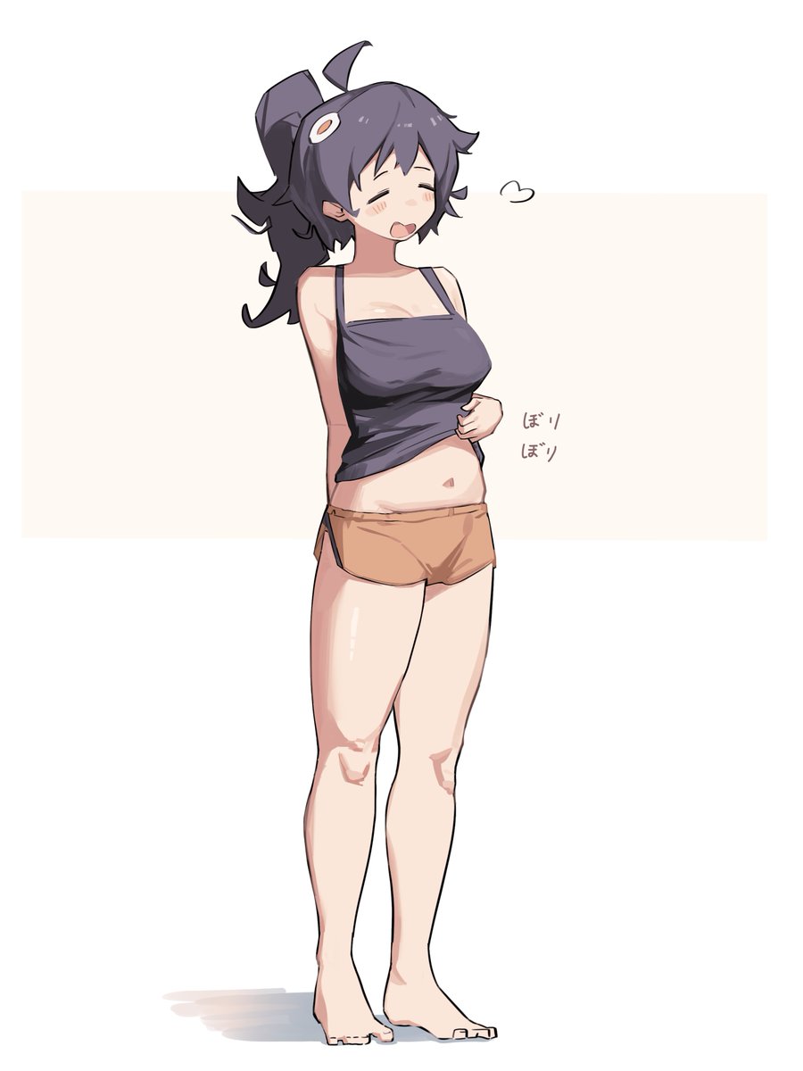1girl araragi_karen baisebandaoti1 bare_legs bare_shoulders belly black_shirt egg_ornament feet hair_ornament highres midriff monogatari_(series) navel nisemonogatari ponytail shirt smile sweat sweatdrop white_background