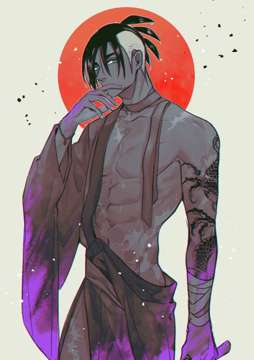 1boy abs bare_pectorals blood blood_on_hands blue_eyes chiyo_(miichiyochin) covered_mouth dragon_tattoo earrings fingernails japanese_clothes jewelry looking_at_viewer male_focus nintendo pectorals pokemon pokemon_swsh raihan_(pokemon) red_sun scar scar_on_arm scar_on_chest sideburns solo tattoo toned toned_male