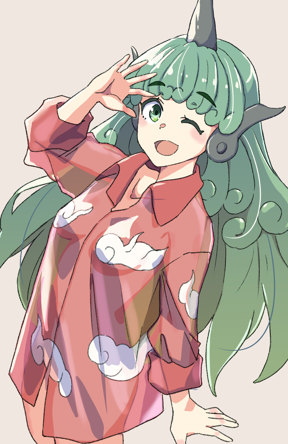 1girl :d bottomless breasts collared_shirt commentary_request cone_horns cowboy_shot curly_hair green_eyes green_hair grey_horns highres horns jack_(wkm74959) komainu_ears komano_aunn long_hair long_sleeves looking_at_viewer naked_shirt one-hour_drawing_challenge one_eye_closed open_mouth red_skirt shirt single_horn skirt sleeves_rolled_up small_breasts smile solo touhou upper_body very_long_hair