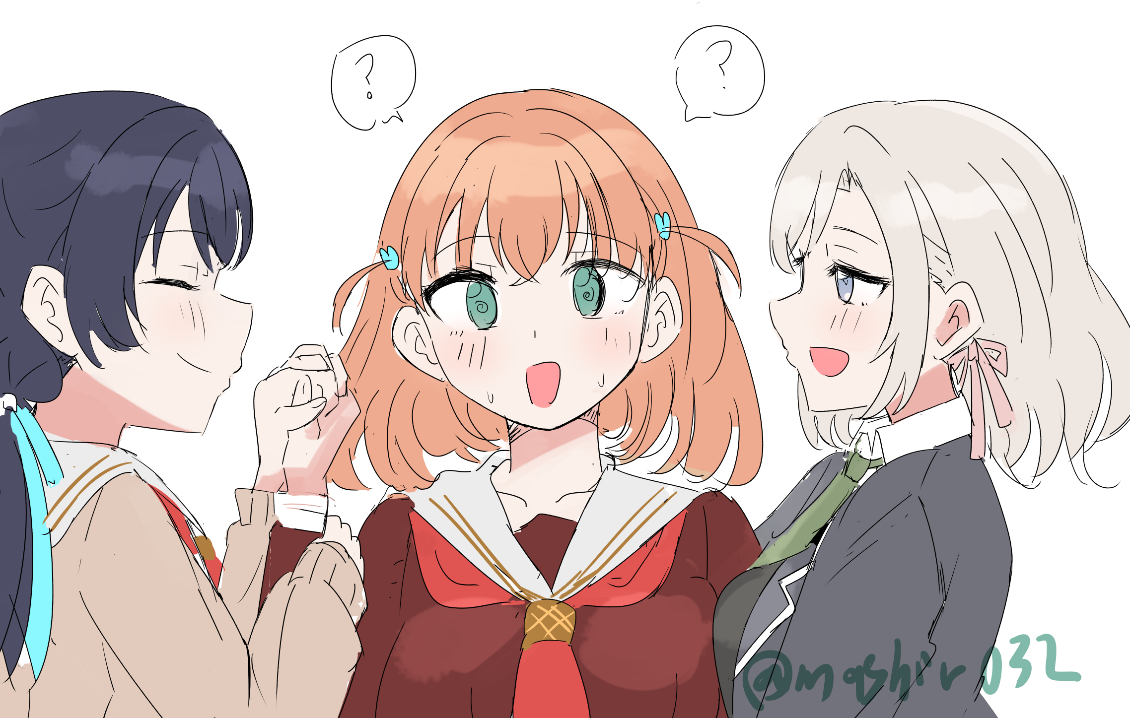 3girls :d ? @_@ arm_between_breasts between_breasts black_jacket black_sweater_vest blazer blue_hair blue_ribbon blush breasts brown_cardigan brown_dress cardigan ceras_yanagida_lilienfeld closed_eyes closed_mouth collared_shirt commentary_request crossed_bangs dress dress_shirt ereka girl_sandwich grabbing_another&#039;s_arm green_eyes green_necktie grey_eyes grey_hair hair_ornament hair_ribbon hasu_no_sora_school_uniform highres hinoshita_kaho holding_hands jacket large_breasts link!_like!_love_live! long_hair long_sleeves looking_at_another love_live! low_twintails medium_hair mizukawa_school_uniform mole mole_on_neck multiple_girls murano_sayaka neckerchief necktie open_cardigan open_clothes open_jacket open_mouth orange_hair pink_ribbon profile rabbit_hair_ornament red_neckerchief ribbon sailor_collar sailor_dress sandwiched school_uniform shirt sideways_mouth sketch smile spoken_question_mark sweat sweater_vest swept_bangs swimsuit twintails twitter_username two_side_up upper_body virtual_youtuber white_background white_sailor_collar white_shirt winter_uniform yuri