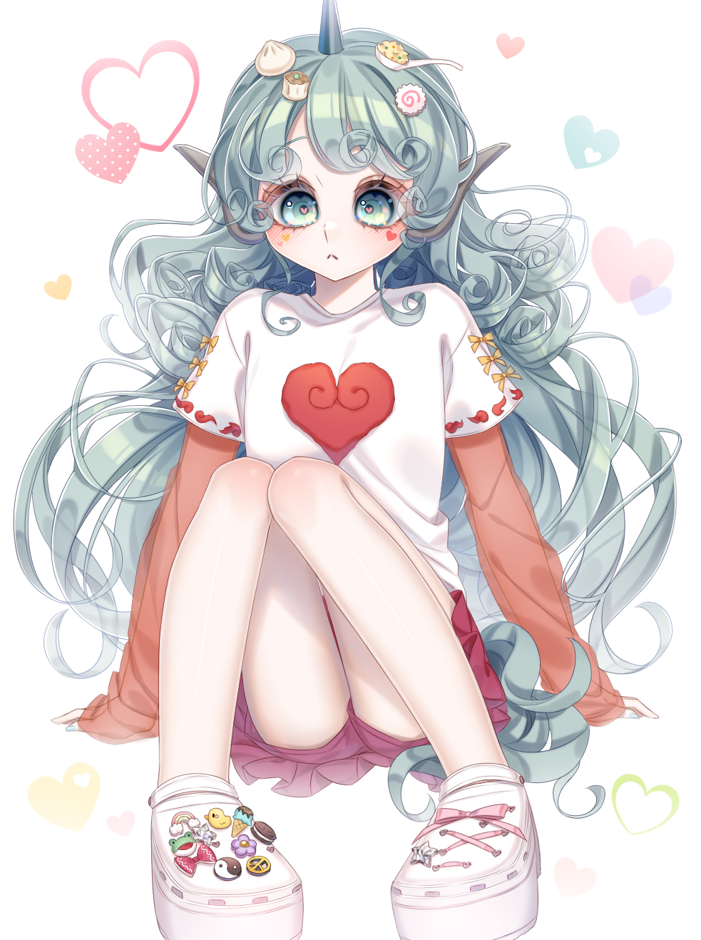1girl :&lt; alternate_costume asymmetrical_bangs baozi_hair_ornament bow cloud_print commentary_request curly_hair facial_mark food-themed_hair_ornament food-themed_ornament footwear_ornament green_eyes green_hair hair_ornament hands_on_ground heart heart-shaped_cloud heart-shaped_hole heart_facial_mark heart_in_eye highres horns ice_cream_cone knees_together_feet_apart knees_up komainu_ears komano_aunn kurumi407 layered_sleeves light_blush long_hair long_sleeves messy_hair narutomaki_hair_ornament no_laces oreo partial_commentary peace_symbol pink_ribbon pink_skirt rainbow red_bow red_sleeves ribbon see-through_clothes see-through_sleeves shirt shoes short_over_long_sleeves short_sleeves simple_background sitting skirt sleeves_past_wrists sneakers solo spoon_hair_ornament star_ornament symbol_in_eye touhou very_long_hair white_background white_shirt white_shoes yellow_bow yin_yang