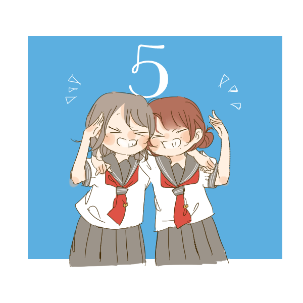 &gt;_&lt; 2girls :d animification arm_around_neck blush border brown_hair commentary countdown double_bun facing_viewer grey_hair grey_sailor_collar grey_skirt grin hair_bun kase_(ks_lys) love_live! love_live!_sunshine!! medium_hair multiple_girls neckerchief notice_lines open_mouth outside_border pleated_skirt real_life red_neckerchief sailor_collar saitou_shuka salute school_uniform serafuku shirt short_sleeves skirt smile summer_uniform tie_clip uranohoshi_school_uniform voice_actor voice_actor_connection watanabe_you white_border white_shirt xd