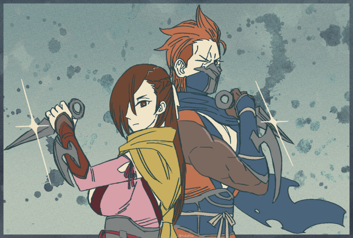 1boy 1girl brown_hair fire_emblem fire_emblem_fates holding holding_knife japanese_clothes kagero_(fire_emblem) knife kunai mask mouth_mask ninja ninja_mask nintendo one_eye_closed pectoral_cleavage pectorals red_eyes red_hair saizo_(fire_emblem) scar scar_across_eye scar_on_face scarf weapon yokokisa