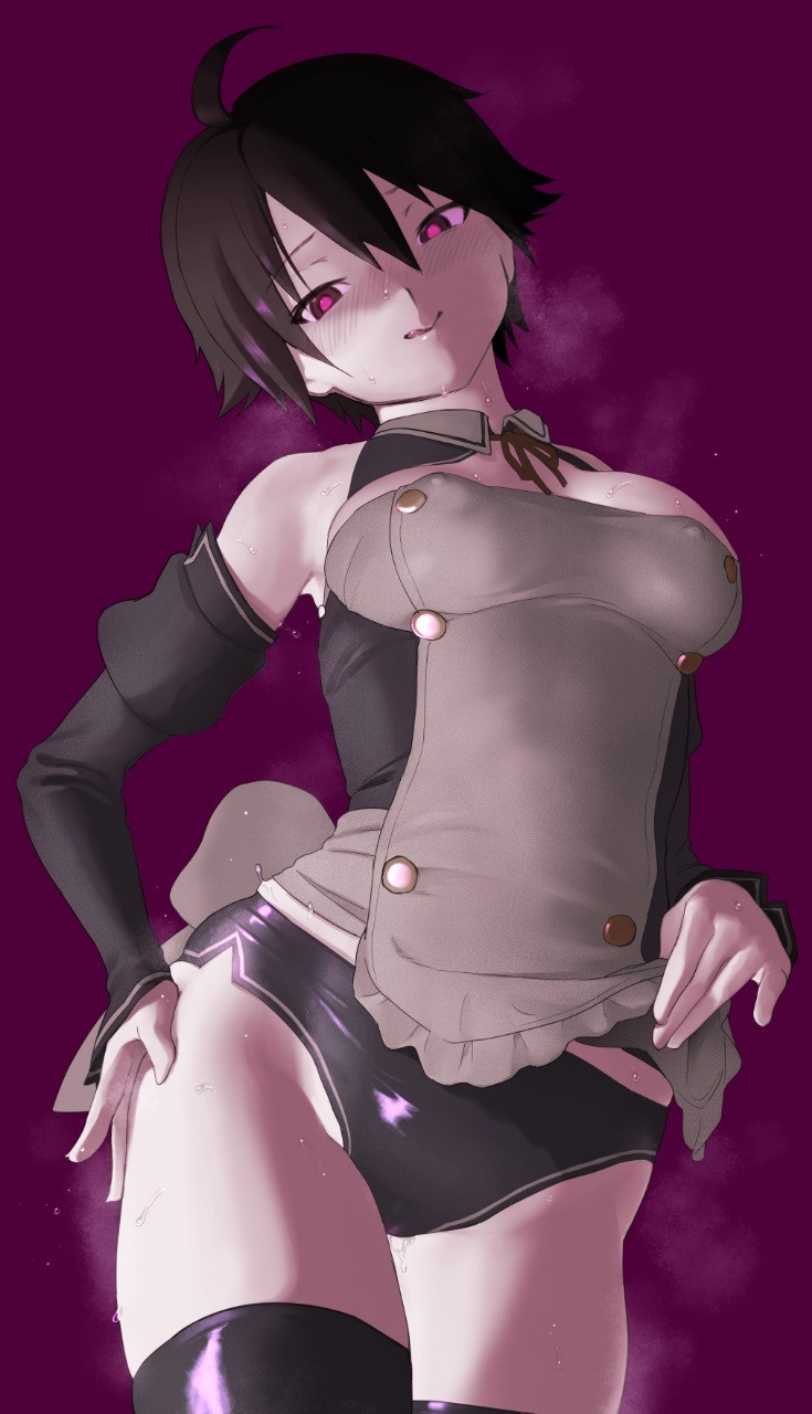 1girl 2equal8 :q adjusting_clothes ahoge apron apron_lift armpits bare_shoulders black_buruma black_hair black_shirt black_sleeves black_thighhighs blush breasts breath brown_eyes brown_ribbon buruma cleavage_cutout closed_mouth clothes_lift clothing_cutout commentary covered_erect_nipples cowboy_shot detached_sleeves dream_c_club dream_c_club_(series) frilled_apron frills glowing glowing_eyes groin hair_between_eyes hand_on_own_hip head_tilt highres licking_lips lifting_own_clothes looking_at_viewer medium_breasts midriff_peek nao_(dream_c_club) narrowed_eyes naughty_face neck_ribbon nose_blush pink_pupils purple_background raised_eyebrows ribbon shiny_clothes shirt short_hair simple_background skindentation sleeveless sleeveless_shirt smile solo steam steaming_body thighhighs tomboy tongue tongue_out two-tone_shirt very_short_hair white_apron white_shirt