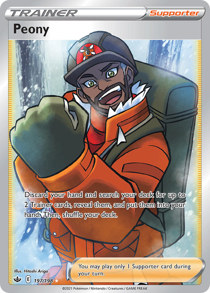 1boy ariga_hitoshi artist_name backpack bag beard black_helmet card_(medium) character_name clenched_hand coat company_name copyright_name copyright_notice dark-skinned_male dark_skin english_text expedition_uniform eyelashes facial_hair gloves green_eyes helmet male_focus nintendo official_art open_mouth outdoors peony_(pokemon) pokemon pokemon_card pokemon_swsh pokemon_tcg smile snowing solo teeth third-party_source trading_card tree upper_teeth_only