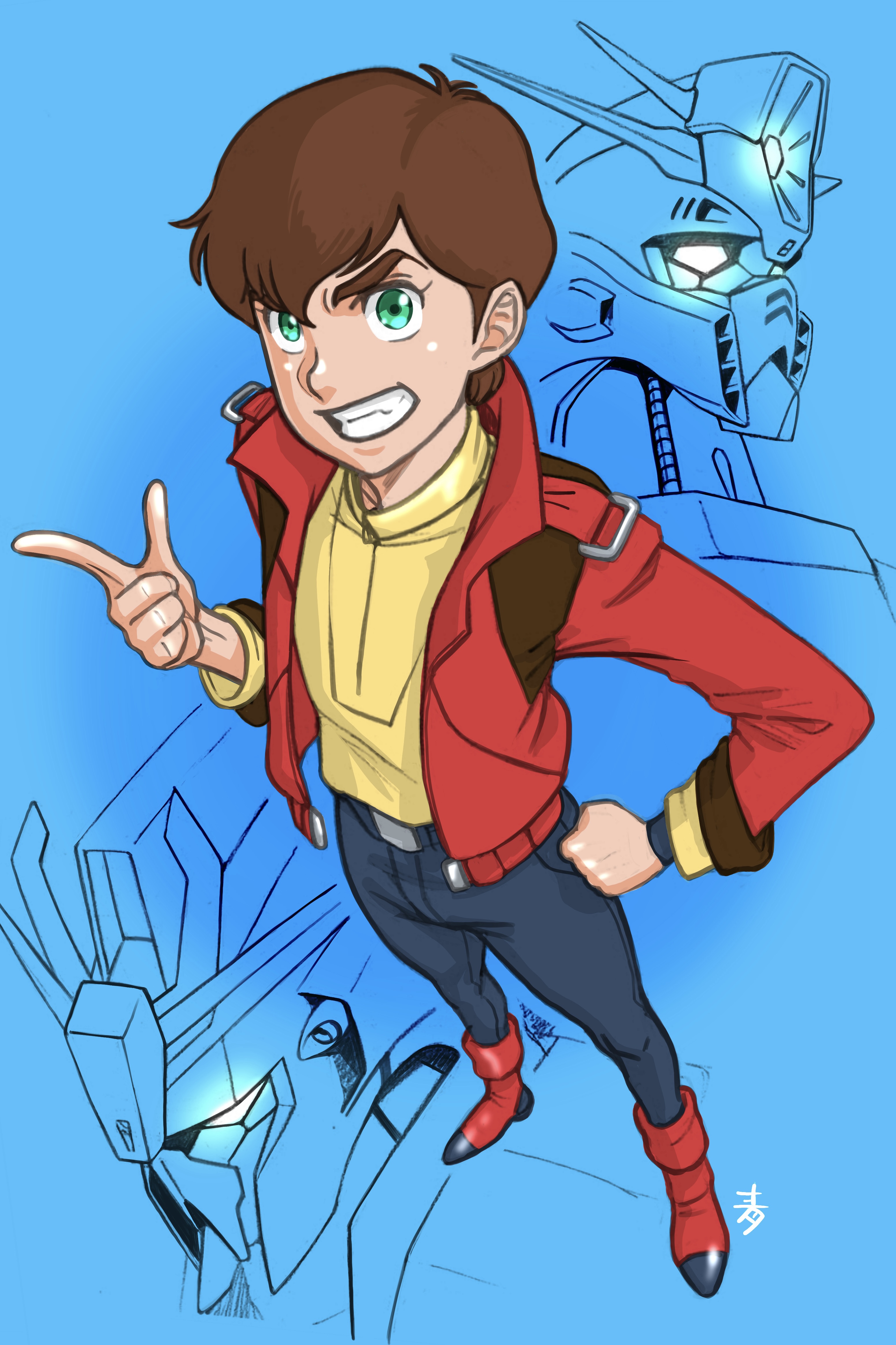 1boy absurdres aobito_sukoyaka_bystander beam_cannon brown_hair clenched_teeth commentary_request green_eyes gundam gundam_zz highres jacket judau_ashta looking_at_viewer mecha mobile_suit pointing red_jacket robot science_fiction signature sketch teeth upper_body zeta_gundam_(mobile_suit) zz_gundam