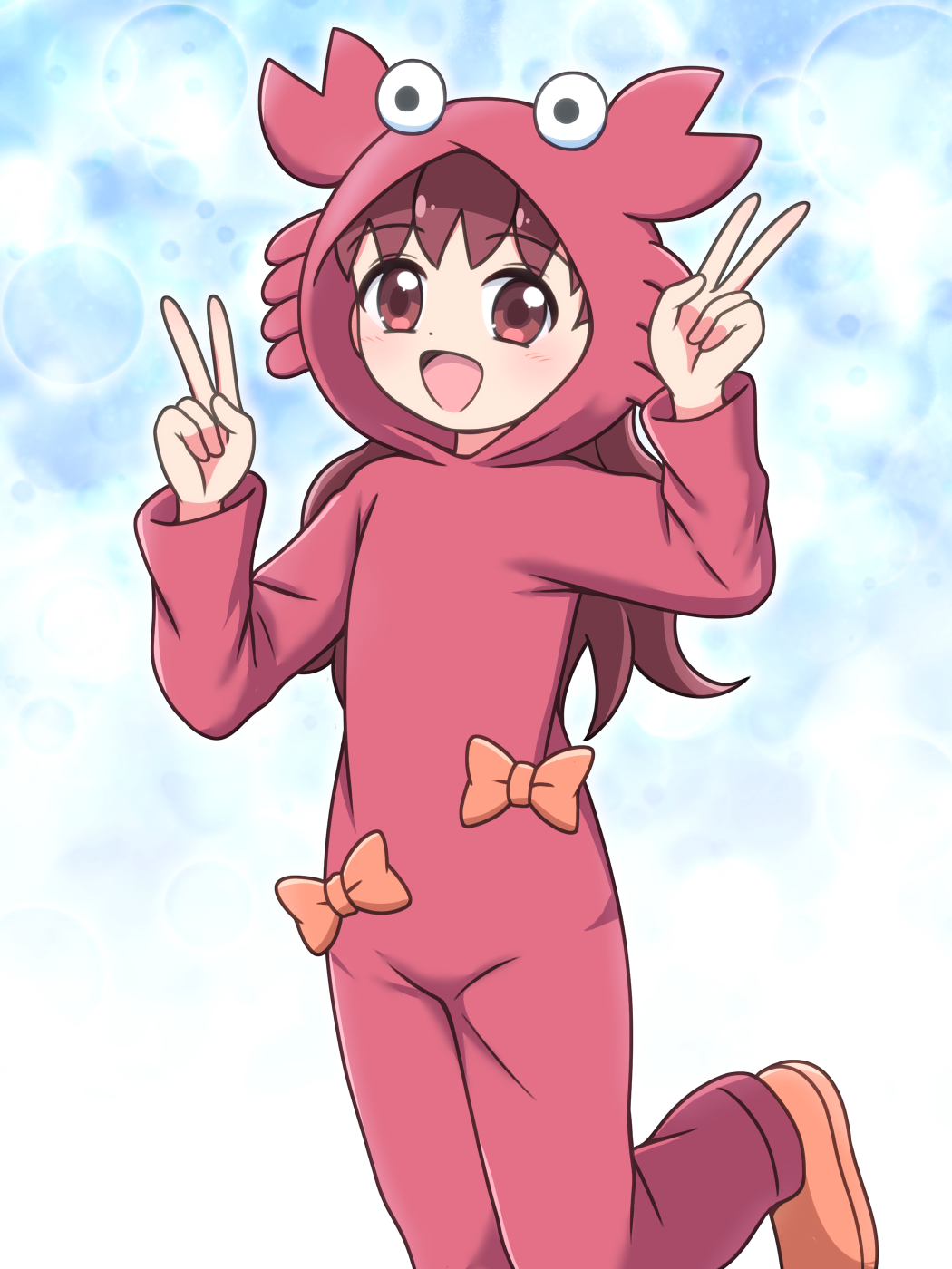 1girl animal_costume blush bow brown_eyes brown_hair highres hood hood_up kanie_(precure) kato-shun long_hair long_sleeves open_mouth orange_bow orange_shoes precure shoes smile solo v wonderful_precure!