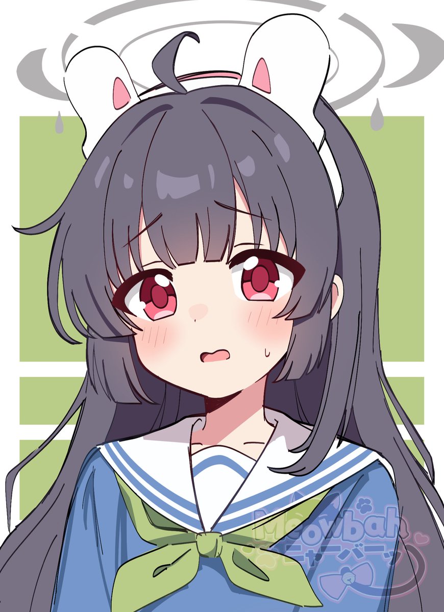 1girl animal_ear_headband animal_ear_headwear animal_ears artist_name black_hair blue_archive blush fake_animal_ears green_ribbon grey_halo hair_between_eyes halo highres long_hair meowbah miyu_(blue_archive) non-web_source rabbit_ears red_eyes ribbon sailor_collar school_uniform serafuku sidelocks solo sweatdrop upper_body white_sailor_collar