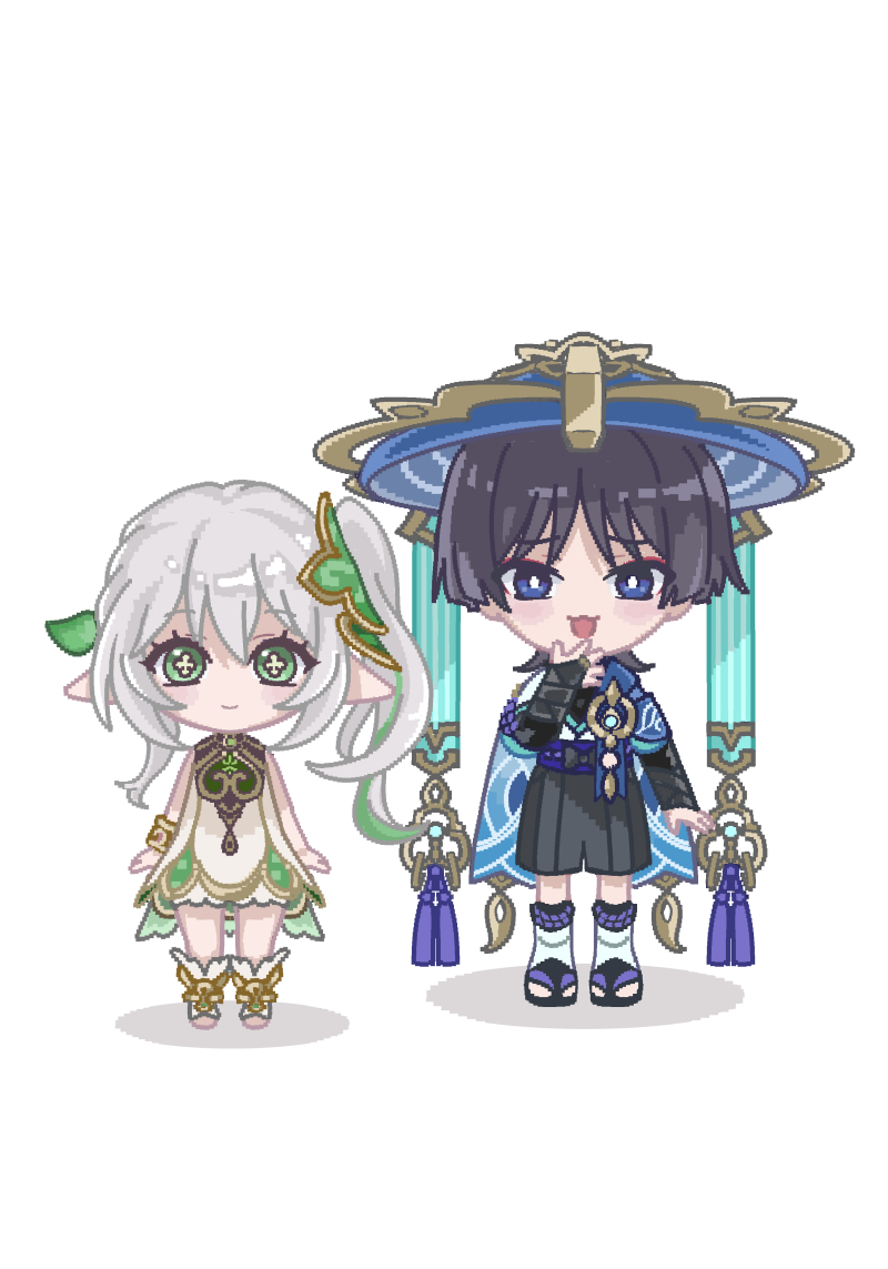 1boy 1girl :3 anklet armor arms_at_sides artistic_error black_bow black_bridal_gauntlets black_leggings black_sandals black_shorts bloomers blue_hat blue_kimono blue_sleeves blunt_ends blush_stickers bow bracelet bridal_gauntlets bright_pupils cape chibi closed_mouth cross-shaped_pupils dress eyelashes eyeliner eyeshadow full_body furisode genshin_impact gold gold_ring green_cape green_eyes green_hair hair_between_eyes hair_ornament hakama hakama_shorts han&#039;eri hand_up hat japanese_armor japanese_clothes jewelry jingasa kimono kote kurokote layered_kimono layered_sleeves leaf leaf_hair_ornament leg_warmers leggings long_hair looking_at_viewer makeup middle_ring multicolored_hair nahida_(genshin_impact) nanny_(199269) open_clothes open_hand open_kimono open_mouth pixel_art pleated_shorts purple_eyes purple_rope purple_sash red_eyeliner red_eyeshadow rope sandals sash scaramouche_(genshin_impact) short_sleeves shorts side_ponytail sidelocks smile smug socks standing streaked_hair symbol-shaped_pupils tareme tassel toeless_socks underwear wanderer_(genshin_impact) white_bloomers white_dress white_hair white_kimono white_leg_warmers white_pupils white_sleeves white_socks wispy_bangs zouri