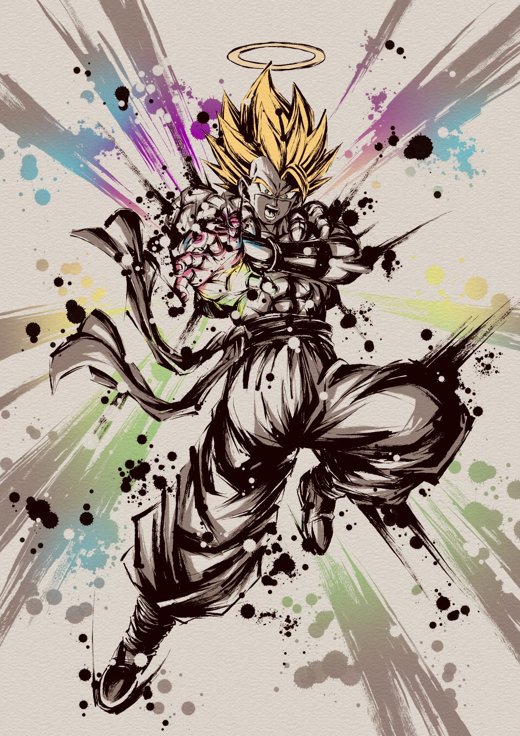 1boy abs blonde_hair cropped_vest derivative_work dragon_ball dragon_ball_z_dokkan_battle dragonball_z full_body gogeta green_hair grey_background halo highres ink_wash_painting medium_hair metamoran_vest muscular muscular_male open_clothes open_vest partially_colored simple_background solo spiked_hair spmjg7 super_saiyan super_saiyan_1 vest
