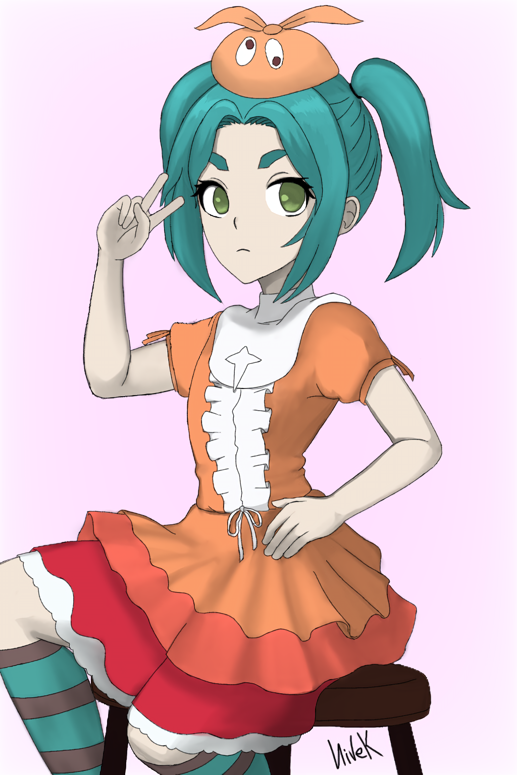1girl alternate_hairstyle aqua_hair bar_stool bubble_skirt closed_mouth cowboy_shot dress flat_chest frilled_dress frills gradient_background green_eyes hand_on_own_hip hand_up highres kevio_nivek legs looking_at_viewer monogatari_(series) non-web_source ononoki_yotsugi orange_dress pink_background serious short_hair short_sleeves signature sitting skirt solo stool thick_eyebrows twintails v v_over_eye