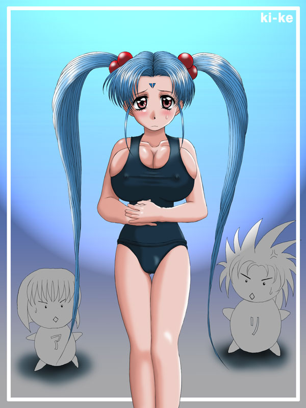 3girls anger_vein blue_hair breasts bursting_breasts cleavage envy covered_erect_nipples facial_mark female_focus forehead_mark large_breasts masaki_aeka_jurai masaki_sasami_jurai multiple_girls aged_up ryouko_(tenchi_muyou!) sad sweatdrop swimsuit teardrop tenchi_muyou! twintails
