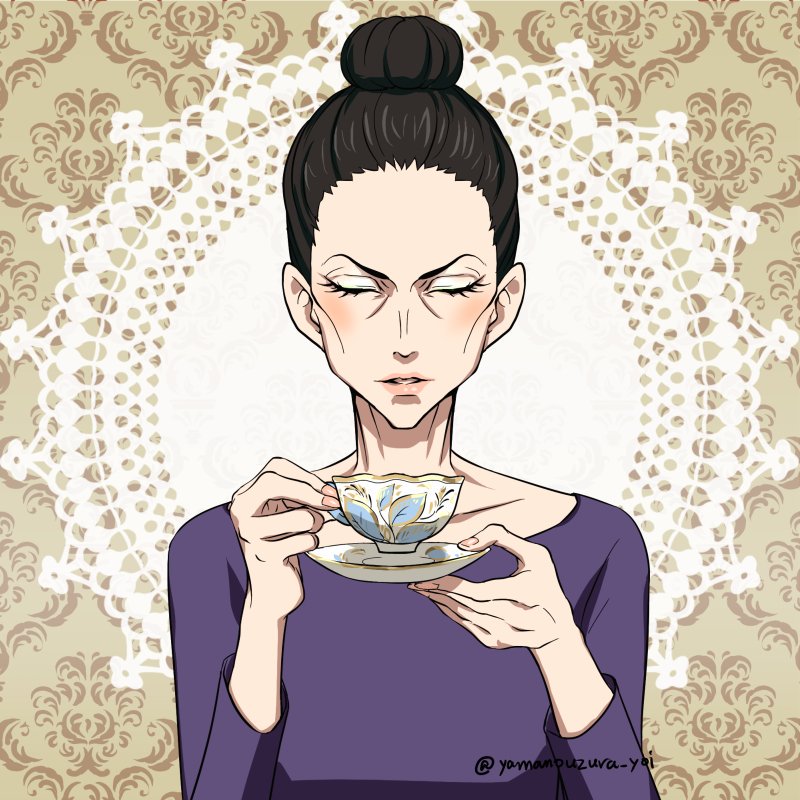1girl bad_id bad_pixiv_id black_hair cheekbones closed_eyes cup hair_bun lilia_baranovskaya saucer single_hair_bun teacup twitter_username upper_body yamano_uzura yuri!!!_on_ice