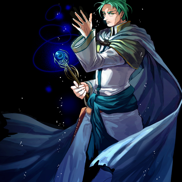 1boy blue_eyes fire_emblem fire_emblem:_the_blazing_blade green_eyes green_hair holding holding_staff looking_at_viewer male_focus mature_male nintendo priest renault_(fire_emblem) solo staff tsuko_(25mnts)