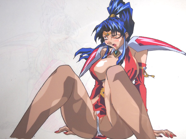 1girl arm_support blue_hair blush breasts brown_pantyhose cel choujin_gakuen_gowcaizer cleavage detached_sleeves female_focus fingernails hishizaki_shaia_(gowcaizer) knees legs nail_polish one_eye_closed oobari_masami open_mouth panties pantyhose pantyshot ponytail production sitting solo thighs thong tiara torn_clothes torn_pantyhose underwear wedgie white_panties