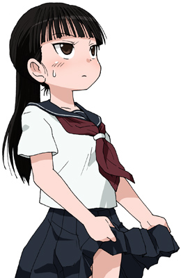1girl 2channel bad_source black_hair black_sailor_collar black_skirt brown_eyes clothes_lift commentary_request lifting_own_clothes long_hair lowres maso_(ascii_art) neckerchief pleated_skirt ponytail red_neckerchief sailor_collar school_uniform serafuku shirt short_sleeves simple_background skirt skirt_lift solo sweat white_background white_shirt