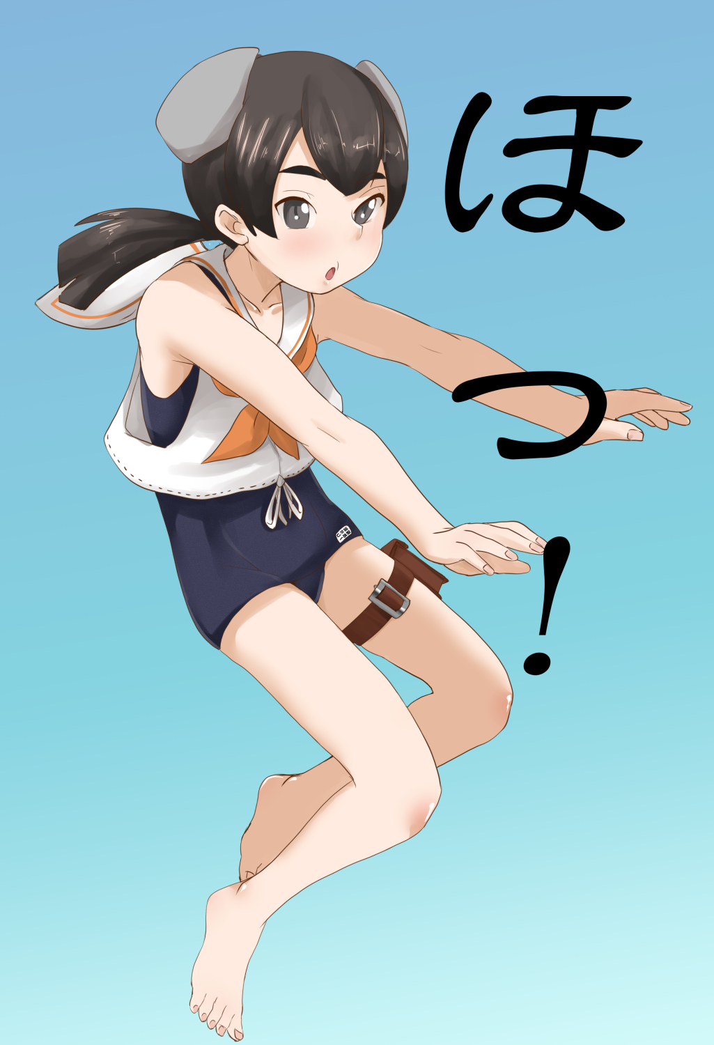 1girl barefoot black_eyes black_hair black_one-piece_swimsuit blue_background blush bobabo full_body gradient_background headgear highres i-41_(kancolle) kantai_collection looking_at_viewer neckerchief one-piece_swimsuit orange_neckerchief sailor_collar sailor_shirt school_swimsuit shirt short_hair sleeveless sleeveless_shirt solo swimsuit swimsuit_under_clothes thigh_strap white_sailor_collar