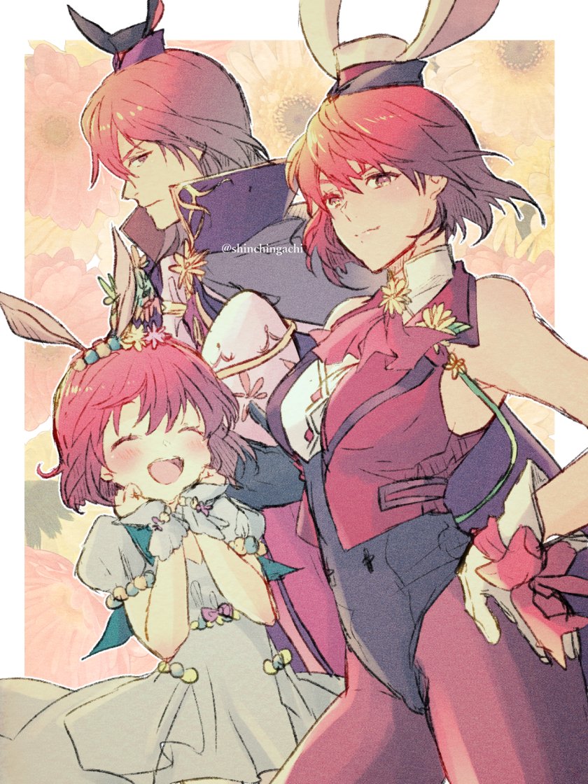 1boy 2girls animal_ears aqua_dress bare_shoulders black_leotard brother_and_sister brown_hair cloak closed_eyes dress egg fake_animal_ears family fire_emblem fire_emblem:_mystery_of_the_emblem fire_emblem_heroes hand_on_own_hip hat holding holding_egg leotard looking_at_another maria_(fire_emblem) maria_(spring)_(fire_emblem) michalis_(fire_emblem) michalis_(spring)_(fire_emblem) minerva_(fire_emblem) minerva_(spring)_(fire_emblem) mini_hat multiple_girls neckerchief nintendo nishimura_(shinchinagachi) official_alternate_costume official_art open_mouth own_hands_together pantyhose puffy_short_sleeves puffy_sleeves rabbit red_hair red_neckerchief red_pantyhose short_hair short_sleeves siblings sisters smile watermark