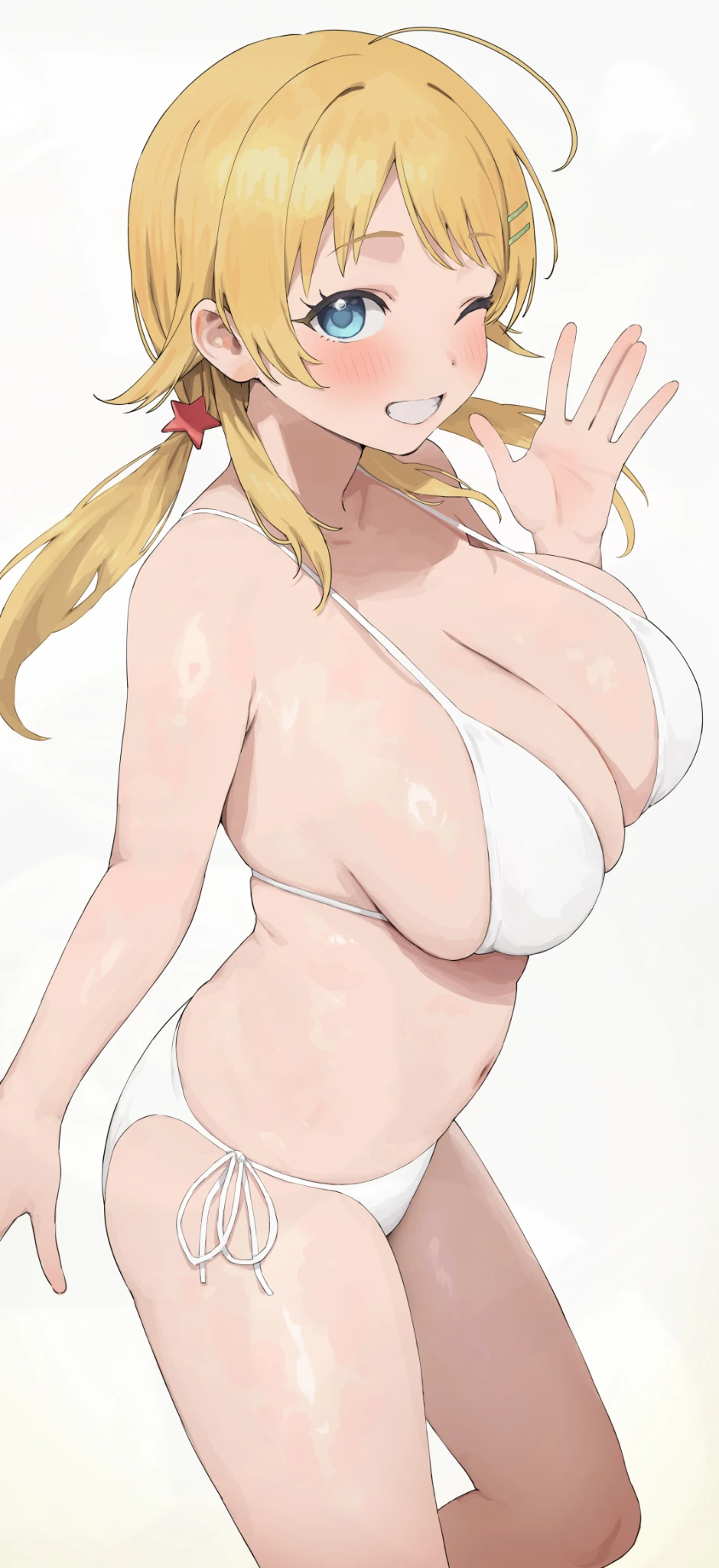 1girl ahoge bare_arms bikini blonde_hair blue_eyes blush breasts cleavage hachimiya_meguru hair_ornament hand_up highres idolmaster idolmaster_shiny_colors large_breasts long_hair looking_at_viewer low_twintails navel nekoshoko one_eye_closed side-tie_bikini_bottom simple_background skindentation smile solo star_(symbol) star_hair_ornament stomach swimsuit thighs twintails webp-to-png_conversion white_background white_bikini