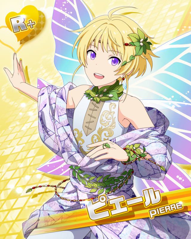1boy blonde_hair card_(medium) character_name fairy fairy_wings fingernails hair_ornament idolmaster idolmaster_side-m leaf_hair_ornament male_focus official_art open_mouth pierre_bichelberger purple_eyes solo teeth upper_teeth_only wings yellow_background
