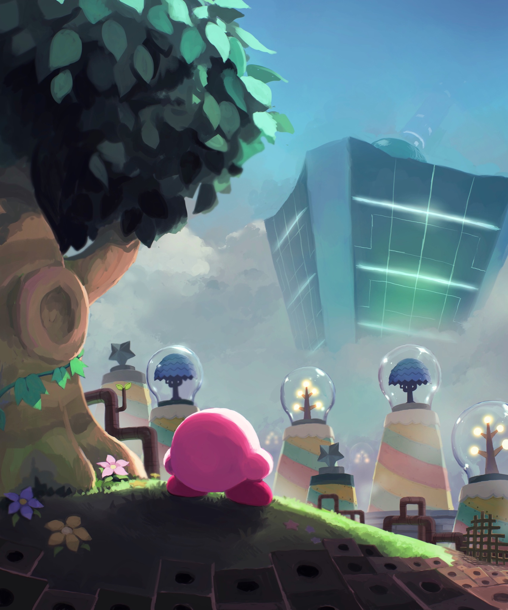 access_ark blue_flower blue_sky flower from_behind grass highres kirby kirby:_planet_robobot kirby_(series) leaf light_bulb nintendo pink_flower smoking_pipe plant sky smoke star_(symbol) suyasuyabi tree vines yellow_flower