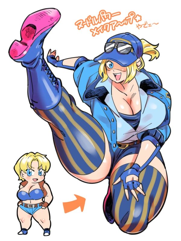 blonde_hair blue_eyes boots breasts capcom chibi cleavage doboshiru final_fight final_fight_3 fingerless_gloves gloves hat jacket kicking large_breasts lucia_morgan police police_uniform policewoman ponytail shiny_skin short_hair shorts smile strapless street_fighter street_fighter_v striped_legwear sunglasses sunglasses_on_head thick_thighs thighhighs thighs tube_top undershirt vest