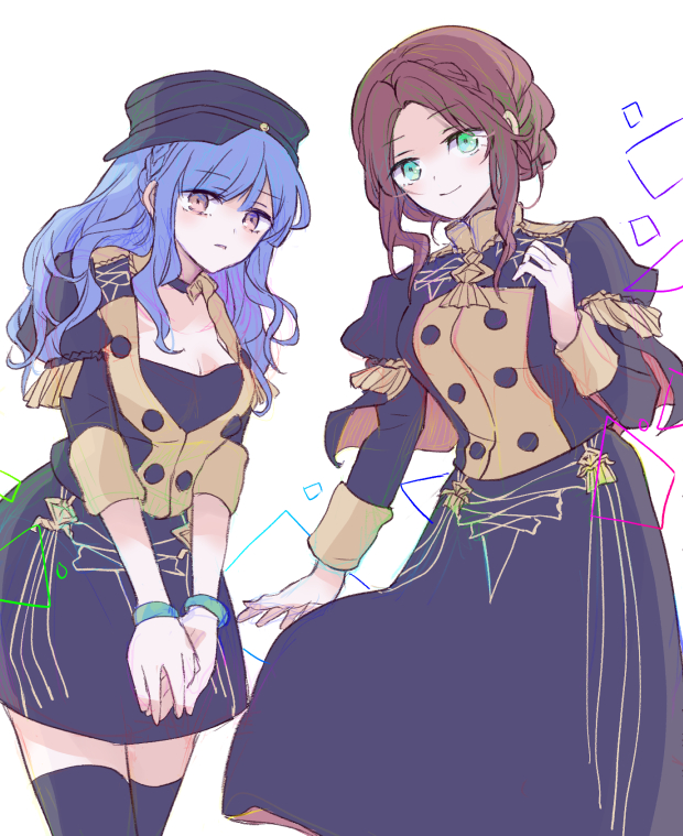 2girls alternate_costume alternate_hairstyle black_headwear black_legwear black_skirt blue_hair blunt_bangs braid breasts brown_eyes brown_hair buttons cabbie_hat closed_mouth commentary_request cosplay costume_switch crown_braid dorothea_arnault dorothea_arnault_(cosplay) epaulettes fire_emblem fire_emblem:_three_houses forehead garreg_mach_monastery_uniform green_eyes hand_on_own_chest hat juliet_sleeves kitano_373 long_skirt long_sleeves looking_at_viewer marianne_von_edmund marianne_von_edmund_(cosplay) medium_breasts miniskirt multiple_girls nintendo own_hands_together parted_lips puffy_sleeves sidelocks skirt smile thighhighs white_background