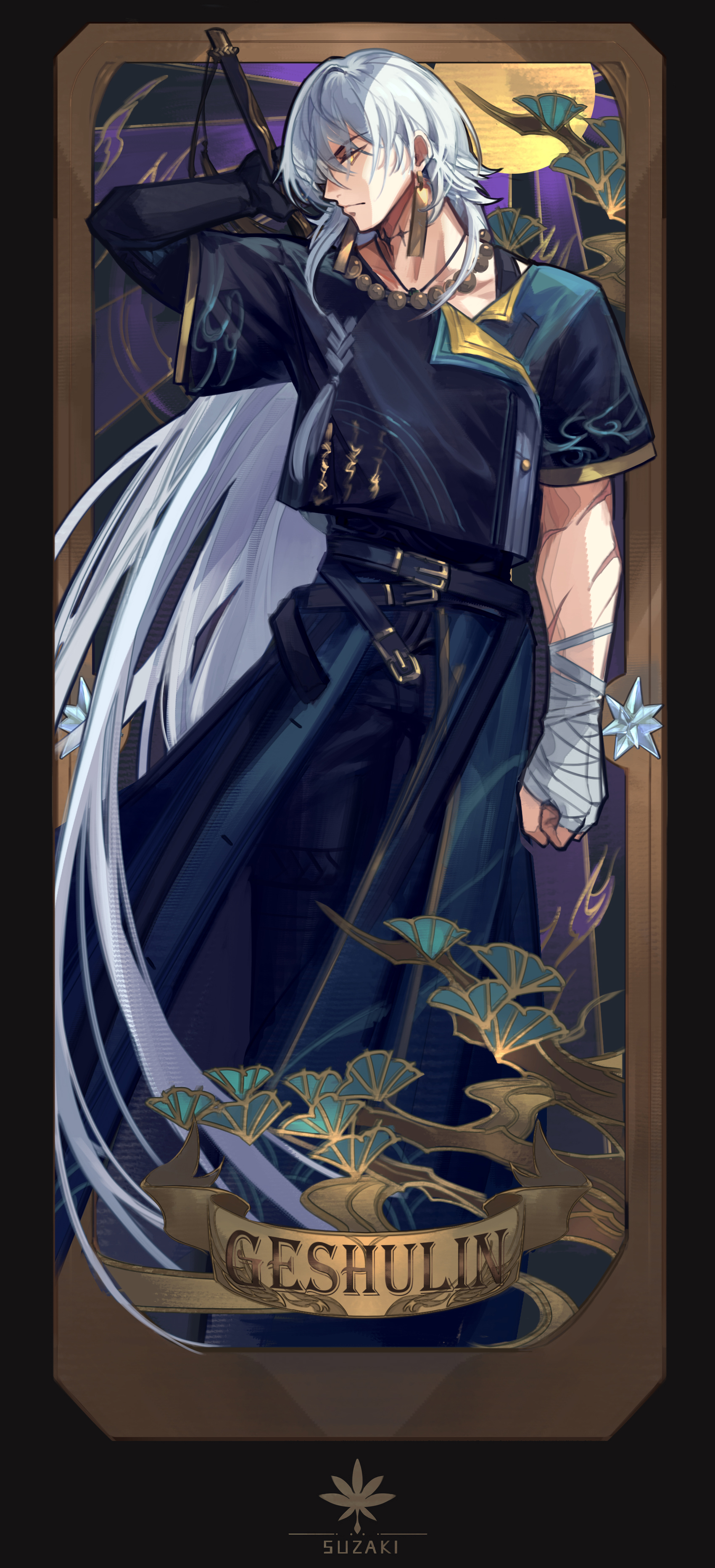 1boy absurdres artist_logo bandaged_hand bandages belt black_belt black_pants black_shirt character_name clenched_hand closed_mouth clothes_around_waist commentary earrings english_commentary full_body geshu_lin_(wuthering_waves) highres holding holding_behind_back holding_sword holding_weapon jewelry logo long_hair male_focus necklace pants scar shirt solo steve_zheng sword tacet_mark_(wuthering_waves) toned toned_male very_long_hair weapon white_hair wuthering_waves yellow_eyes