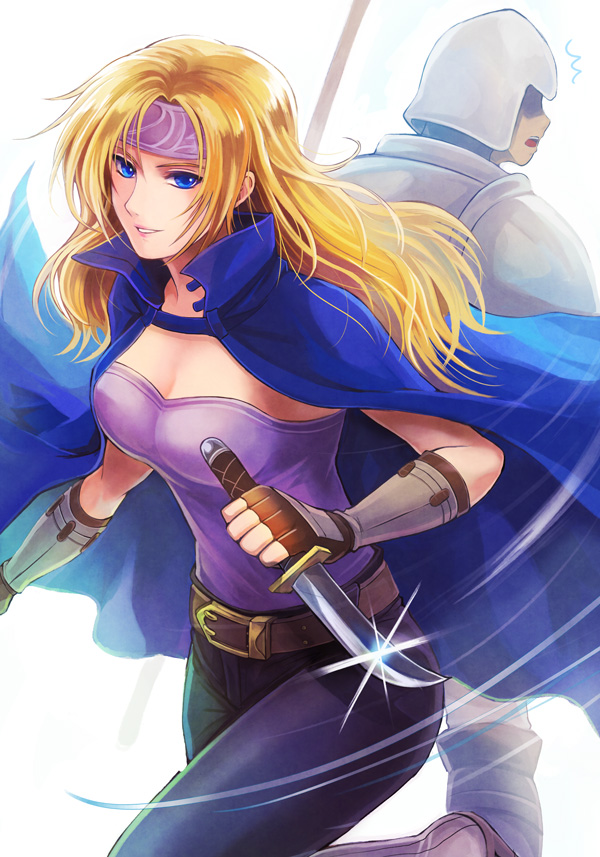 1boy 1girl akuru_(akr369akr) black_pants blonde_hair blue_cape blue_eyes breasts cape cleavage fingerless_gloves fire_emblem fire_emblem:_radiant_dawn gloves grin headband heather_(fire_emblem) holding holding_knife knife long_hair medium_breasts nintendo pants purple_shirt shirt smile sparkle strapless strapless_shirt tube_top white_background