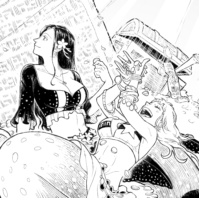 2girls ^_^ bikini bikini_top_only bracelet closed_eyes coin commentary daonepiece english_commentary flower greyscale hair_flower hair_ornament jewelry long_hair looking_up mermaid monochrome monster_girl multiple_girls nami_(one_piece) necklace nico_robin one_piece poneglyph swimsuit tumblr_username weapon