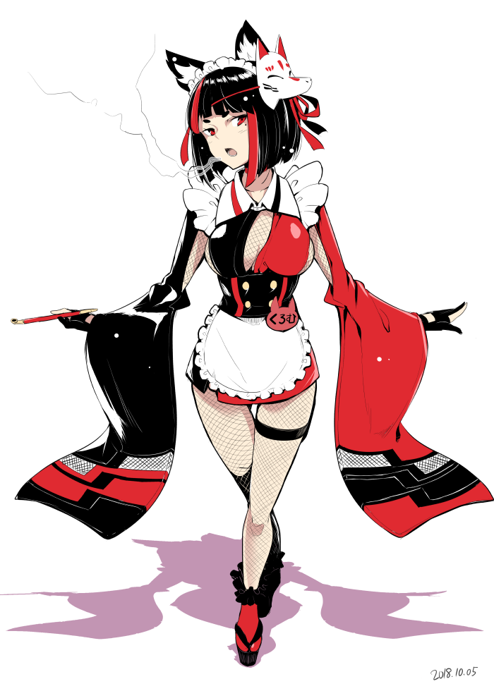 1girl animal_ears animare apron armor black_gloves black_hair breasts dated female_focus fishnet_pantyhose fishnets fox_ears fox_mask geta gloves inari_kuromu japanese_armor kichihachi kusazuri large_breasts maid_headdress mask mask_on_head mole mole_under_eye multicolored_hair nanashi_inc. open_mouth pantyhose red_eyes red_hair shadow short_eyebrows short_hair simple_background smoke smoking_pipe solo thigh_strap two-tone_hair virtual_youtuber waist_apron waitress white_background wide_sleeves