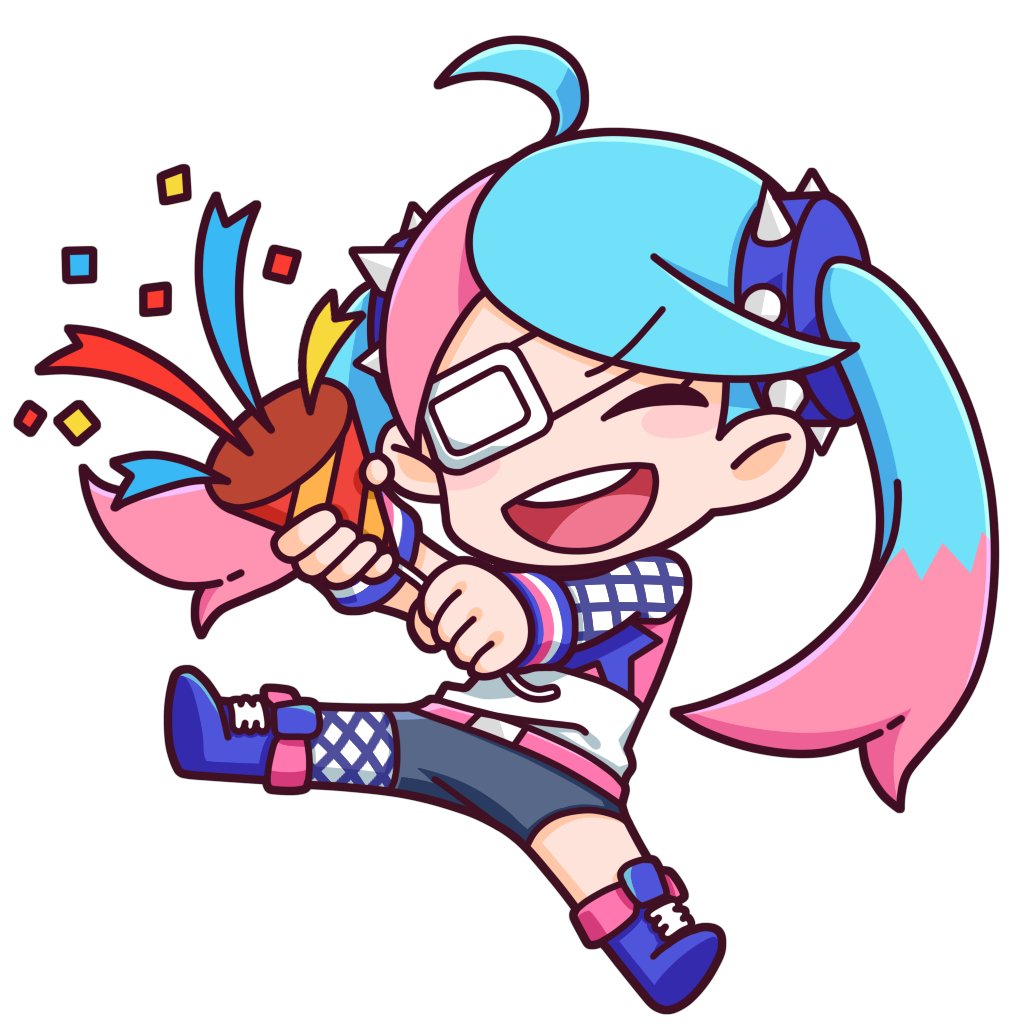1girl ahoge anime_coloring artist_request belt belted_shorts blue_boots blue_shorts boots chibi chibi_only child closed_eyes confetti denim denim_shorts english_text eyelashes eyepatch full_body game_cg holding holding_party_popper knee_boots lace-up_boots legs_apart long_hair lucy_(ninjala) medical_eyepatch multicolored_hair ninjala nose official_art one_eye_covered outline pantyhose parted_bangs party_popper pink_belt pink_hair pink_shirt pole print_shirt purple_outline second-party_source shirt shorts single_bare_arm single_fishnet_armwear single_fishnet_legwear single_leg_pantyhose single_sleeve skinny sleeveless sleeveless_shirt smile solo spiked_hair_ornament star_(symbol) star_print teeth thick_outlines torn_clothes torn_shorts twintails two-tone_hair two-tone_shirt upper_teeth_only very_long_hair white_pantyhose white_shirt white_sleeves wrestling_boots