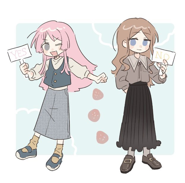 &gt;_o 2girls artist_request bang_dream! bang_dream!_it&#039;s_mygo!!!!! black_skirt blue_eyes blue_shirt brown_hair brown_shirt brown_shoes chihaya_anon closed_mouth commission dark_skin fang grey_eyes grey_shirt holding holding_sign long_hair multiple_girls nagasaki_soyo no one_eye_closed open_mouth pink_hair pleated_skirt second-party_source shirt shoes sidelocks sign skirt yes