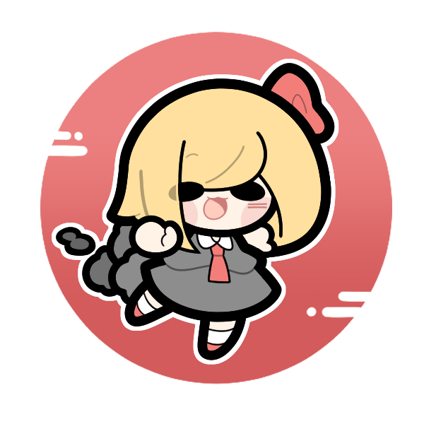 1girl ascot baek_ban black_clouds black_skirt black_vest blonde_hair blush blush_stickers bow dress hair_bow hair_ribbon necktie rayman_limbs red_necktie ribbon rumia shirt short_hair simple_background skirt solid_oval_eyes solo touhou vest