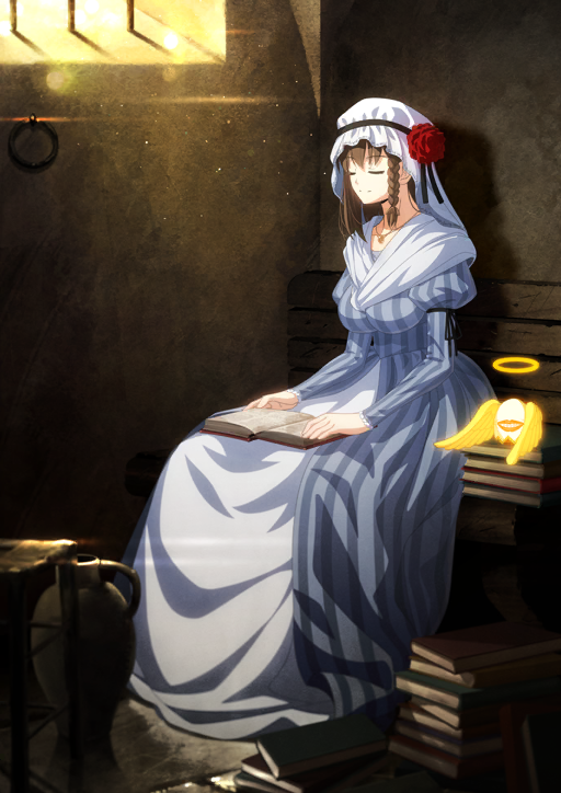 1girl aotsuki_takao black_ribbon book book_on_lap book_stack braided_sidelock breasts brown_background brown_hair charlotte_corday_(fate) closed_eyes closed_mouth collarbone creature dress fate/grand_order fate_(series) flower full_body game_cg grey_dress hat hat_flower hat_ribbon indoors juliet_sleeves large_breasts long_dress long_sleeves medium_hair mob_cap official_art open_book prison puffy_sleeves red_flower ribbon shawl sitting smile solo striped_clothes striped_dress third-party_source vertical-striped_clothes vertical-striped_dress white_hat white_shawl