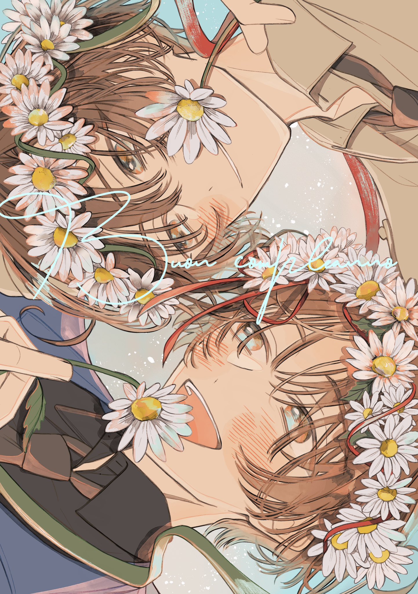2boys axis_powers_hetalia blush brothers brown_eyes brown_hair collared_shirt flower head_wreath highres holding holding_flower male_focus multiple_boys necktie northern_italy_(hetalia) open_mouth shirt short_hair siblings sideways smile southern_italy_(hetalia) yuragi_minamo