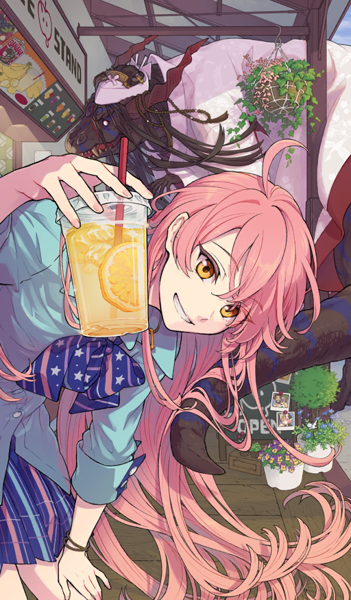 1girl ahoge black_hair blue_bow blue_bowtie blue_shirt blue_skirt blue_sky bow bowtie bracelet building circe_(fate) commentary cowboy_shot cup day dinosaur disposable_cup drink drinking_straw edward_teach_(fate) english_text fate/grand_order fate/requiem fate_(series) flower_pot food fruit grin gyaru hand_on_own_thigh hanging_plant holding holding_cup horns isshoku_(shiki) japanese_clothes jewelry juice karin_(fate) kijo_kouyou_(fate) kijo_kouyou_(first_ascension)_(fate) kimono leaning_forward long_hair monster necklace official_art orange_(fruit) orange_eyes orange_slice outdoors parted_lips pink_hair pleated_skirt polaroid_photo print_bow print_bowtie shirt sidelocks skirt sky smile solo solo_focus star_(symbol) tail teeth third-party_source tsunokakushi tyrannosaurus_rex very_long_hair white_kimono