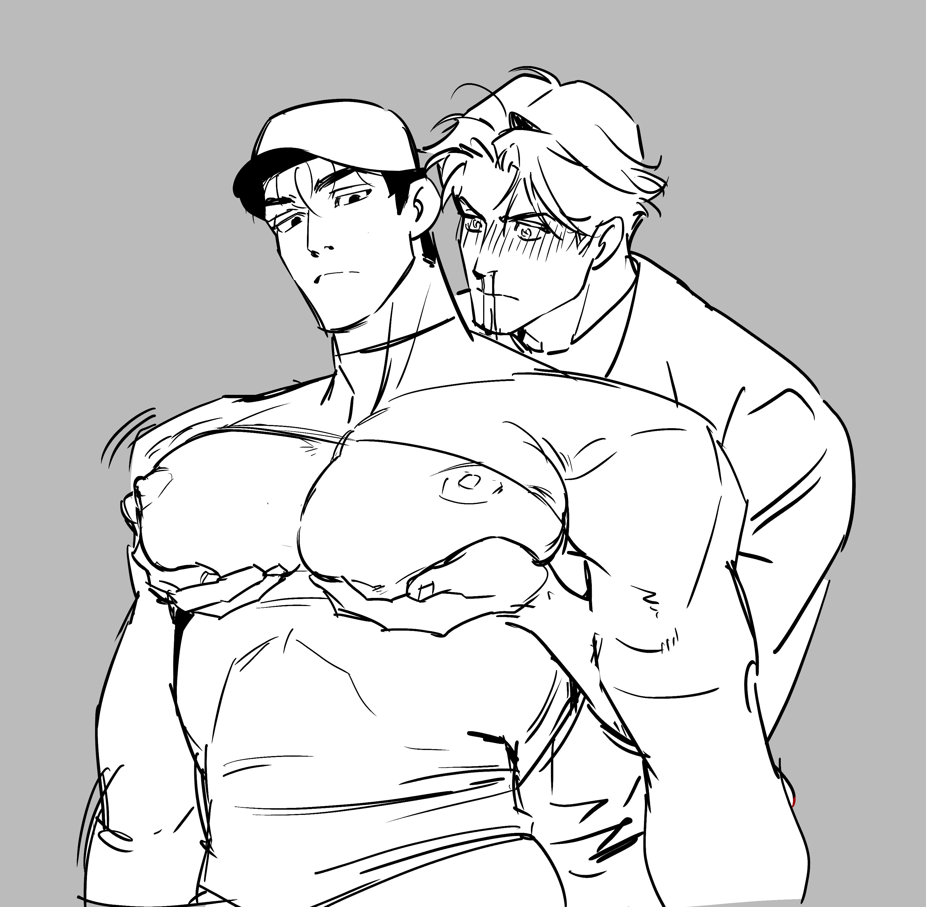 2boys absurdres alternate_costume alternate_pectoral_size ao_isami arms_at_sides aroused_nosebleed bara bare_pectorals baseball_cap couple ekstmekajr facial_hair grabbing_from_behind greyscale_with_colored_background hat highres huge_pectorals lewis_smith male_focus motion_lines multiple_boys muscular muscular_male nipples nosebleed pectoral_grab pectoral_lift pectorals sideburns_stubble sketch standing stubble thick_eyebrows unamused upper_body yaoi yuuki_bakuhatsu_bang_bravern
