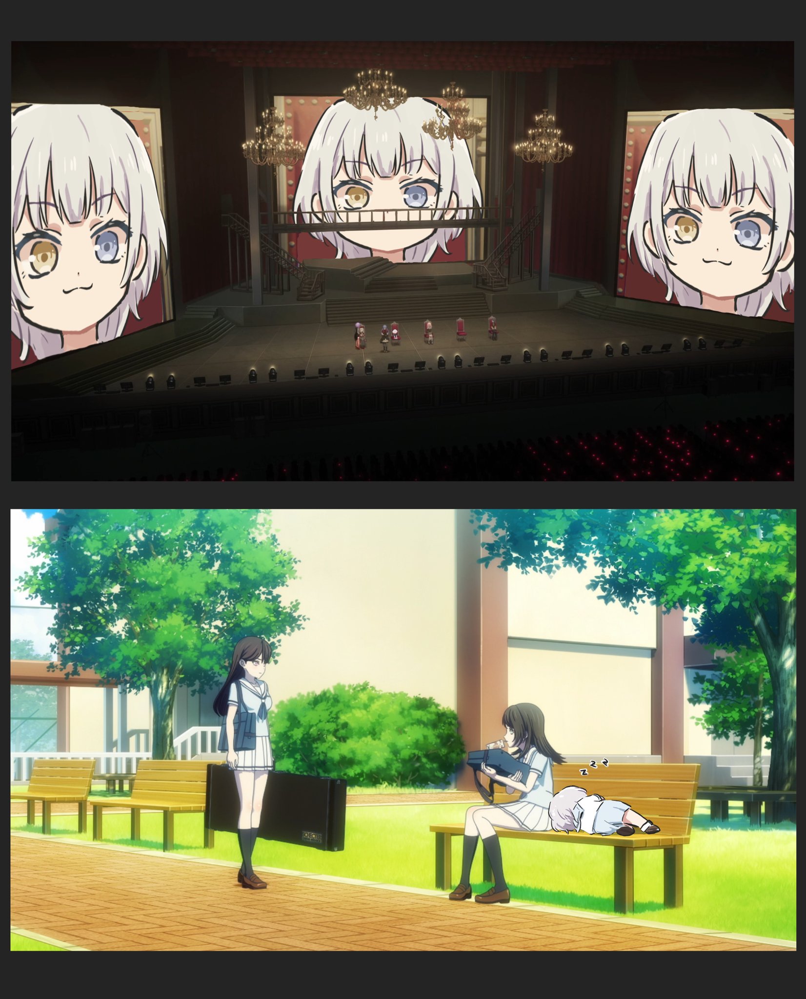 6+girls :3 amoris_(bang_dream!) audience ave_mujica_(bang_dream!) bang_dream! bang_dream!_it's_mygo!!!!! bank black_hair black_socks blue_eyes blue_neckerchief blue_shirt carton chandelier closed_mouth commentary_request doloris_(bang_dream!) drinking_straw drinking_straw_in_mouth guitar_case hanasakigawa_school_uniform heterochromia highres instrument_case kaname_raana kneehighs loafers long_hair lyy misumi_uika mortis_(bang_dream!) mortis_(costume)_(bang_dream!) multiple_girls neckerchief outdoors purple_eyes sailor_collar school_uniform screenshot_background shiina_taki shirt shoes short_hair sitting sleeping socks stage timoris_(bang_dream!) tree wakaba_mutsumi white_hair white_sailor_collar yahata_umiri yellow_eyes yuutenji_nyamu zzz