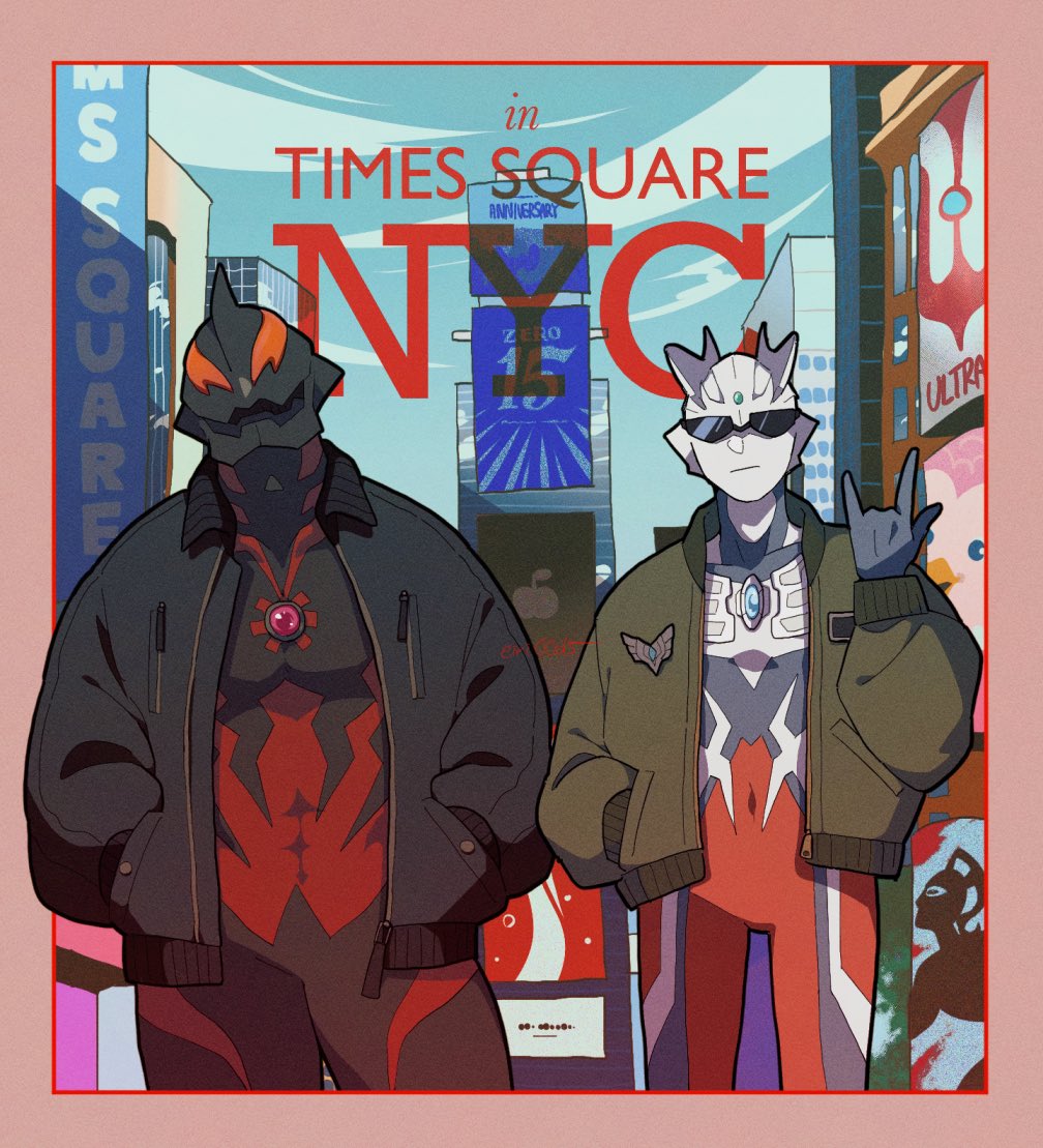 2boys \m/ alien anniversary badge black_jacket black_skin blue_skin border brown_jacket building city cityscape coca-cola color_timer colored_skin commentary cowboy_shot day ebony_nightmare emi_(ultraman:_rising) english_text eye_slugger forehead_jewel gem green_gemstone hand_in_pocket hands_in_pockets jacket looking_at_viewer male_focus multicolored_skin multiple_boys new_york_city no_pupils outdoors outside_border red_border red_eyes red_skin signature silver_skin sunglasses times_square tokusatsu ultra_galaxy_(series) ultra_series ultraman ultraman:_rising ultraman_(1st_series) ultraman_belial ultraman_zero ultraseven ultraseven_(series)