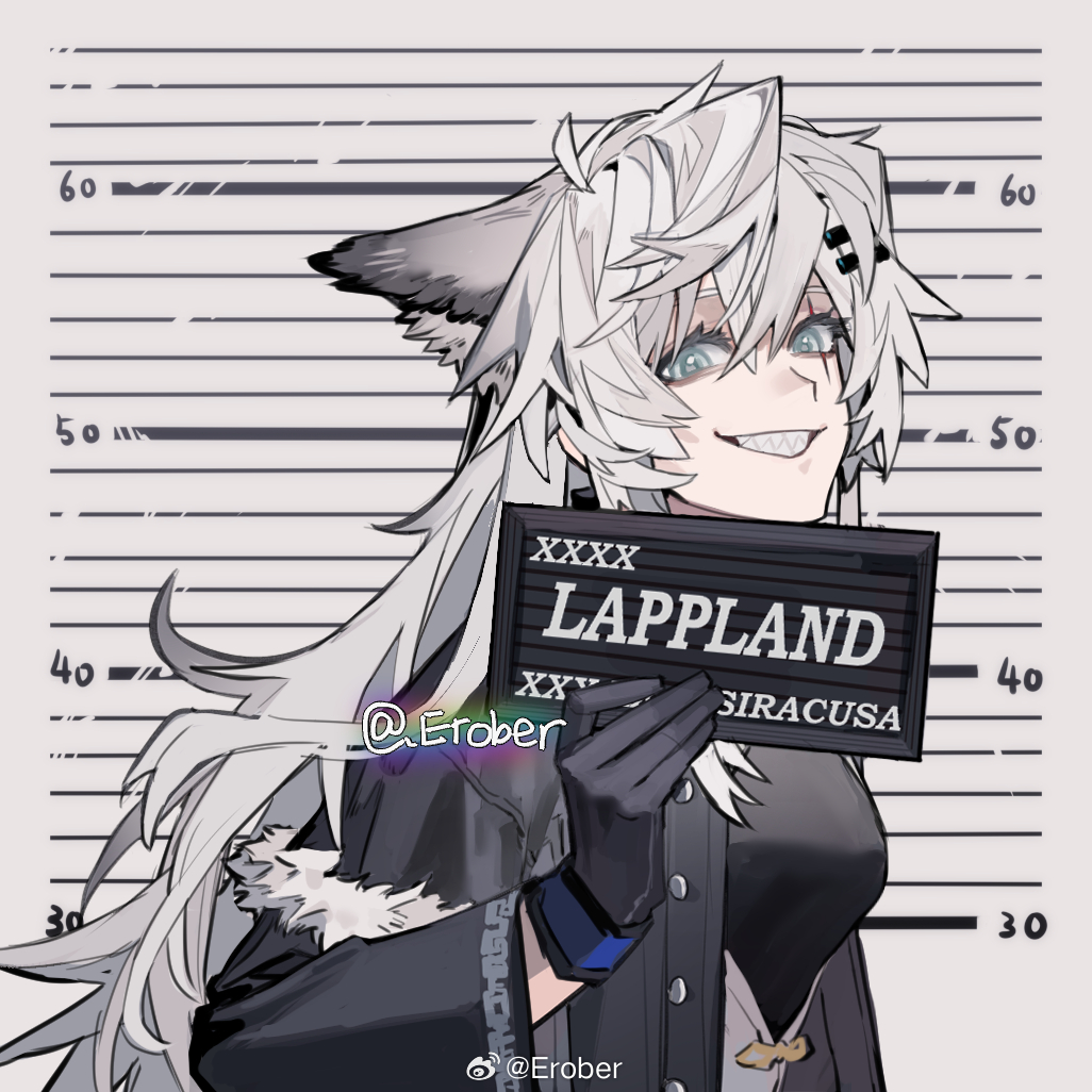 1girl animal_ear_fluff animal_ears arknights artist_name barbie_(franchise) barbie_(live_action) barbie_mugshot_(meme) black_coat black_gloves character_name chinese_commentary coat commentary_request erober fur-trimmed_coat fur_trim gloves grey_eyes grin hair_between_eyes holding holding_sign lappland_(arknights) lappland_(refined_horrormare)_(arknights) long_hair looking_at_viewer meme messy_hair mugshot official_alternate_costume revision scar scar_across_eye scar_on_face sharp_teeth sidelocks sign smile solo teeth twitter_username upper_body watermark weibo_watermark white_hair wolf_ears wolf_girl