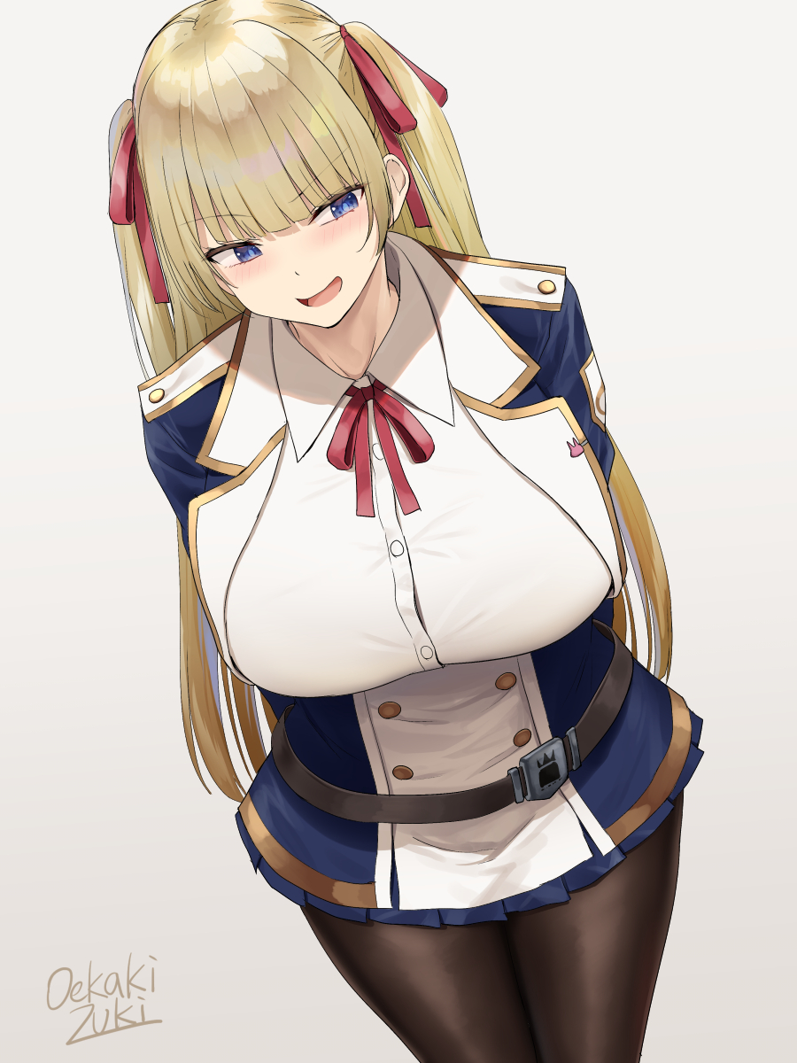 1girl arms_behind_back artist_name azur_lane belt blonde_hair blue_eyes blush breasts brown_pantyhose buttons commentary_request dress hair_ribbon highres large_breasts long_hair oekakizuki open_mouth pantyhose red_ribbon ribbon sidelocks solo sussex_(azur_lane) twintails white_background