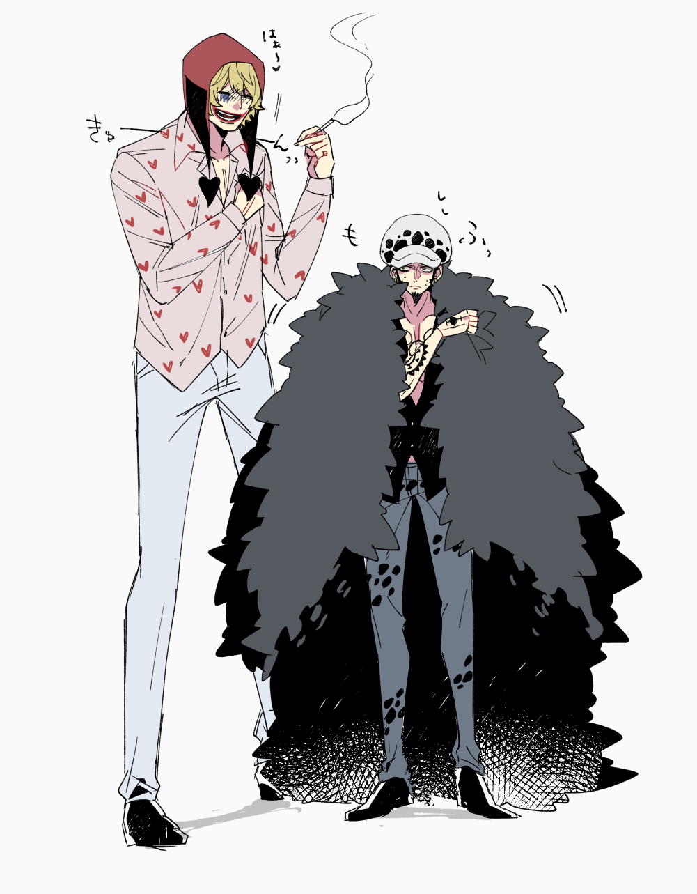 +++ 2boys :d ^_^ black_coat black_hair black_shoes blonde_hair blue_pants chest_tattoo cigarette closed_eyes closed_mouth coat coat_on_shoulders collarbone collared_shirt commentary_request donquixote_rocinante earrings facial_hair facial_mark feather_coat frown fur_hat goatee gold_earrings hand_tattoo hand_up hands_up hat heart heart_print highres holding holding_cigarette hood jewelry long_sleeves male_focus multiple_boys nagisawa_(ngsw_coconut) one_piece open_mouth pants pectorals pink_shirt print_shirt red_hood red_lips shirt shoes short_hair sideburns simple_background smile smoke standing sweat tattoo teeth trafalgar_law white_background white_hat white_pants yellow_eyes