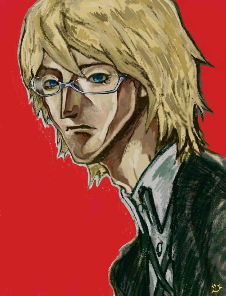 1boy adam&#039;s_apple blonde_hair blue_eyes danganronpa:_trigger_happy_havoc danganronpa_(series) eyelashes formal_clothes glasses lips long_neck male_focus medium_hair painterly r4pira red_background solo suit togami_byakuya