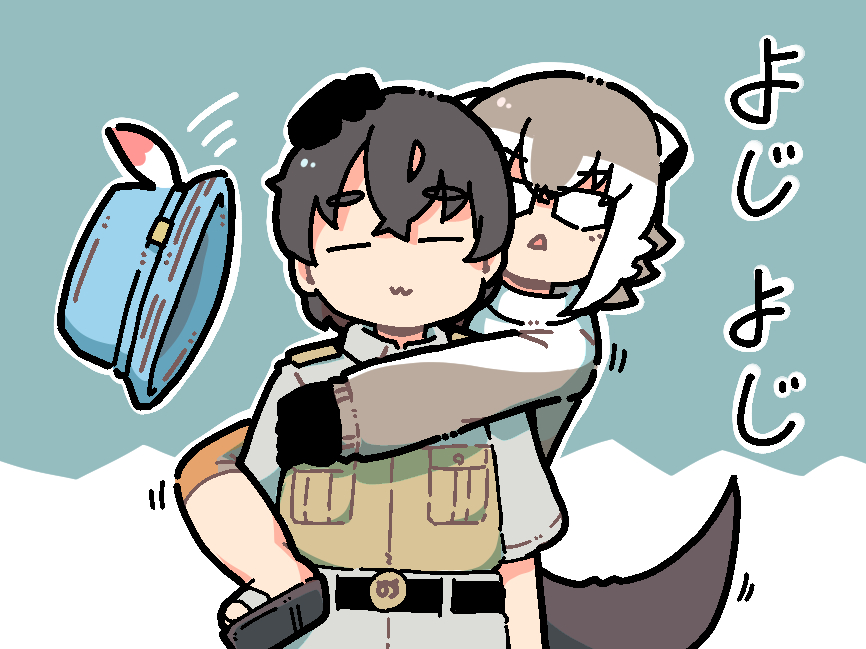 1girl 2boys :&lt; :3 black_gloves blush brown_hair brown_shirt capri_pants climbing cowboy_shot glasses gloves grey_hair grey_shorts grey_sweater hair_between_eyes hat jacket kemono_friends kemono_friends_3 long_sleeves meerkat_(kemono_friends) meerkat_ears meerkat_tail multicolored_hair multiple_boys numazoko_namazu orange_pants pants safari_jacket sandals shirt short_hair shorts sidelocks sweater translation_request turtleneck turtleneck_sweater two-tone_hair two-tone_shirt two-tone_sweater unworn_hat unworn_headwear white_hair white_shirt white_sweater