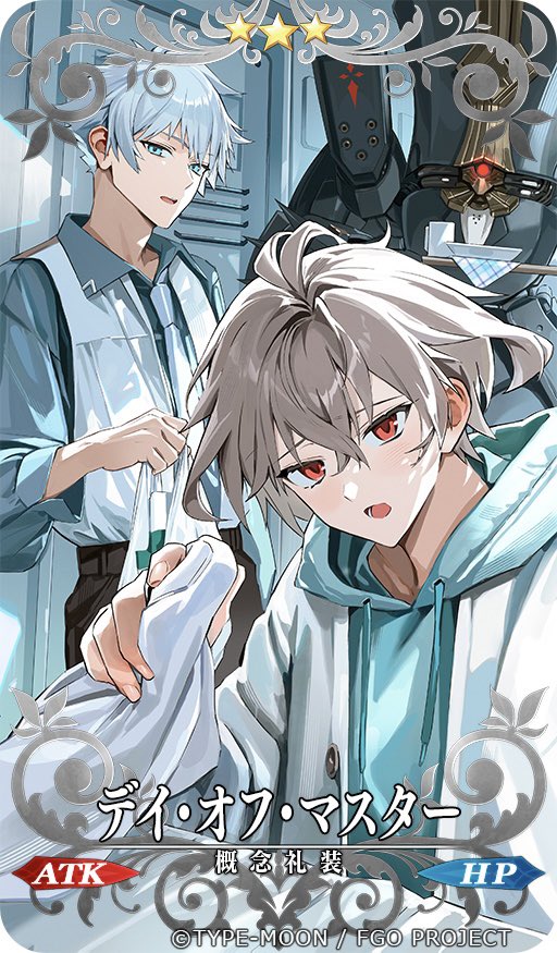 3boys :o antenna_hair aqua_eyes aqua_hoodie armor bag bed bedside black_pants blue_hair blue_shirt bowl card_(medium) charles-henri_sanson_(fate) charles_babbage_(fate) collared_shirt copyright_notice craft_essence_(fate) cup door drawstring fate/grand_order fate_(series) flipped_hair full_armor grey_hair hair_between_eyes holding holding_bag holding_towel holding_tray hood hood_down hoodie jacket keki_chogyegi light_blue_hair long_sleeves looking_at_viewer male_focus mug multiple_boys necktie official_art open_clothes open_jacket open_mouth pants plastic_bag red_eyes robot shirt short_hair sieg_(fate) towel tray vest white_jacket white_necktie white_vest worried