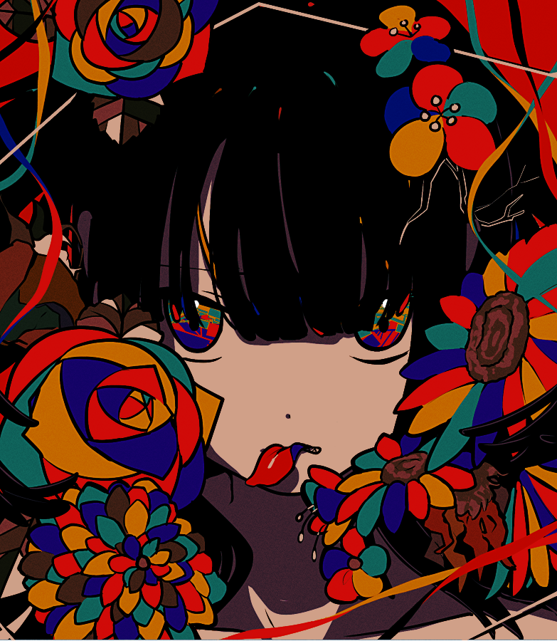 1girl black_hair colorful dot_nose flower long_bangs long_hair looking_at_viewer machigami_yoh mouth_hold multicolored_eyes multicolored_flower multicolored_rose original petal_in_mouth petals portrait rose solo sunflower