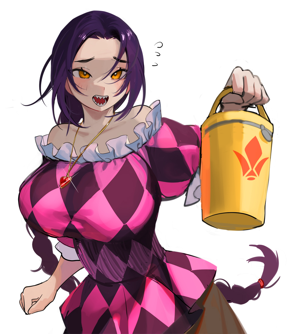 1girl alternate_breast_size bare_shoulders blush braid braided_ponytail breasts chikujouin_magane commission glint jewelry large_breasts long_hair looking_at_viewer necklace nia_(nia4294) puffy_short_sleeves puffy_sleeves purple_hair re:creators second-party_source sharp_teeth short_sleeves solo teeth very_long_hair white_background yellow_eyes