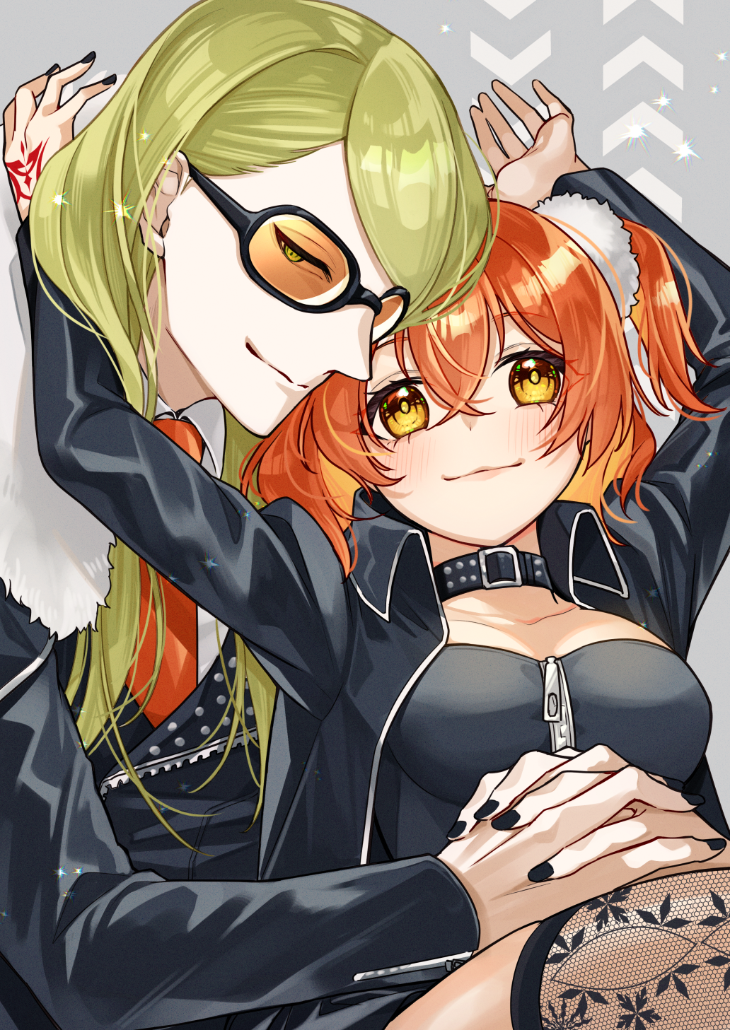 1boy 1girl alternate_costume belt_collar black_nails blonde_hair breasts choker coat collar command_spell fate/grand_order fate_(series) fujimaru_ritsuka_(female) high_collar highres ichino_tomizuki jacket long_hair looking_at_viewer medium_breasts one_side_up orange-tinted_eyewear orange_hair short_hair side_ponytail smile sunglasses tezcatlipoca_(fate) tinted_eyewear trench_coat yellow_eyes zipper