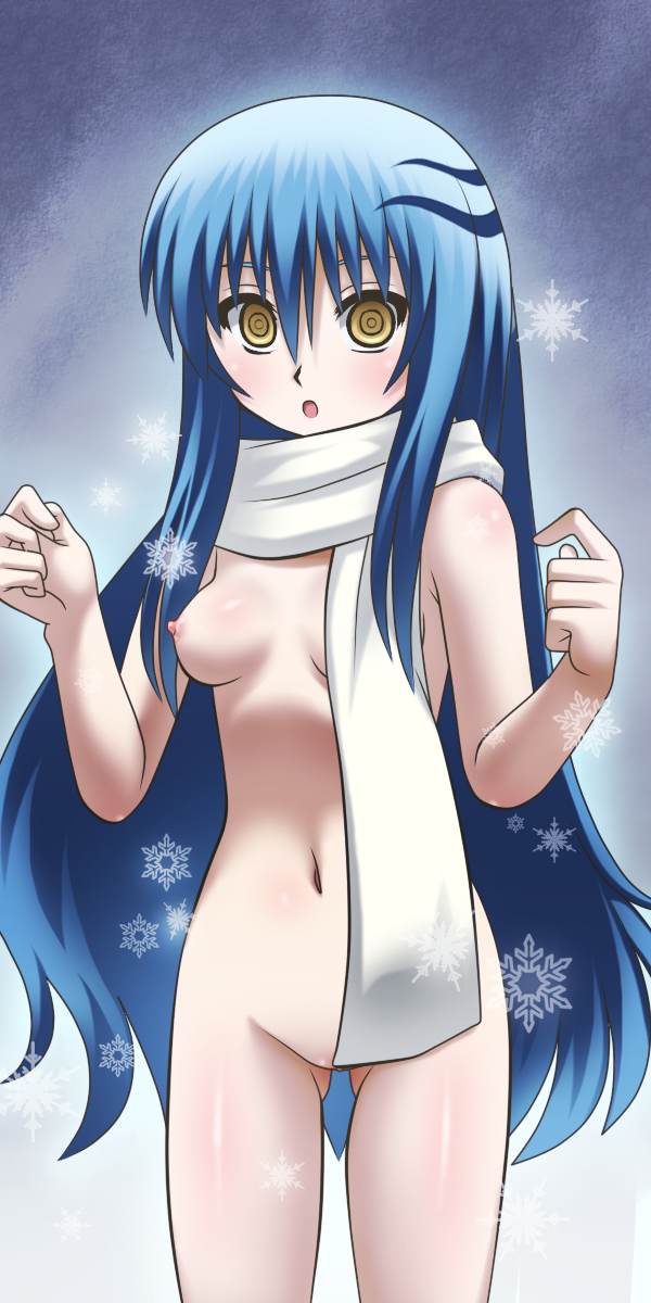 1girl :o awa blue_hair blush breasts cowboy_shot female_focus highres long_hair multicolored_hair naked_scarf navel nipples nude nurarihyon_no_mago open_mouth pussy scarf solo white_hair yellow_eyes yuki_onna_(nurarihyon_no_mago)